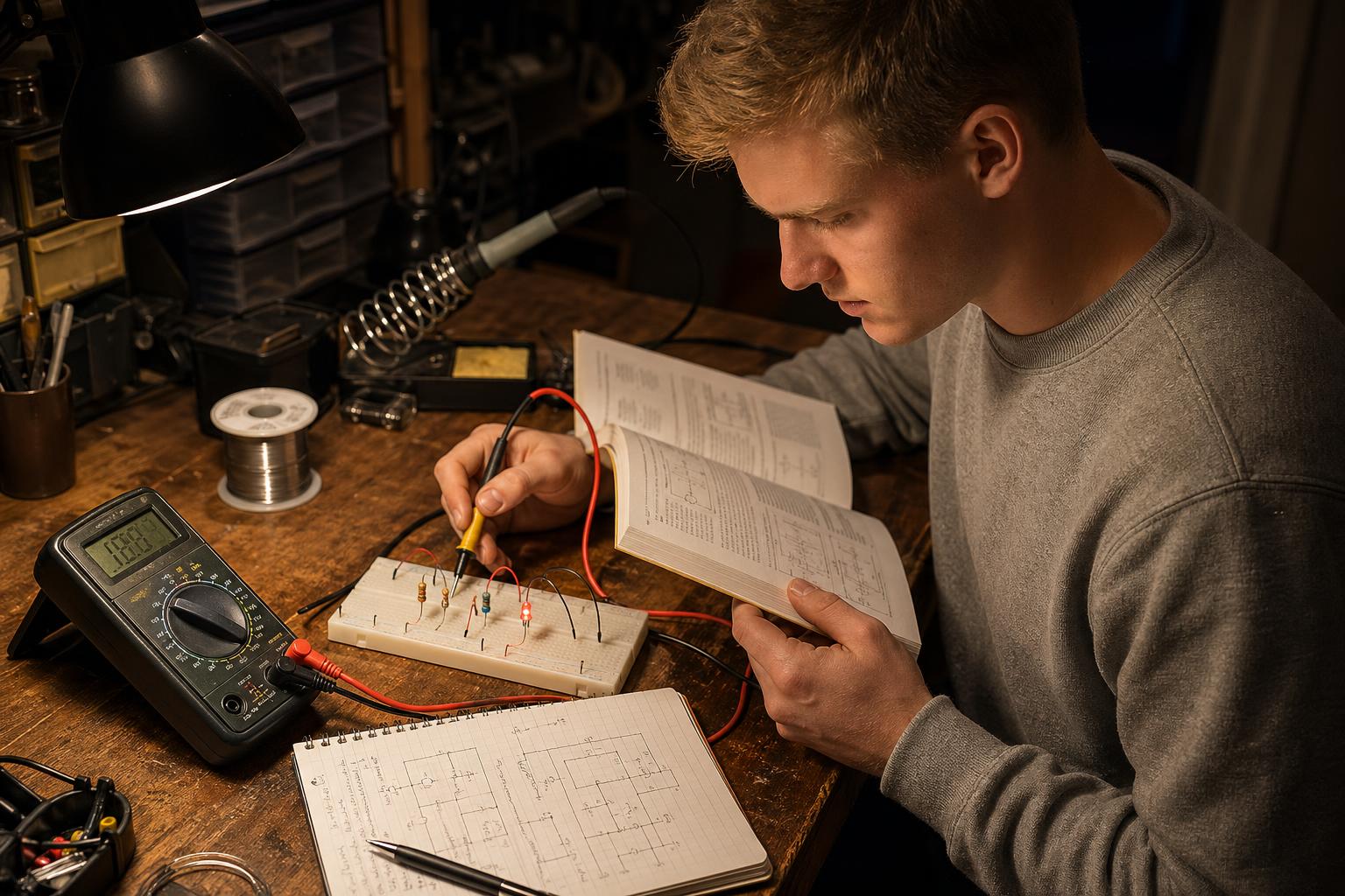 A future recruit at a home workbench with multimeter, breadboard, soldering iron, and circuit textbook, practicing electronics fundamentals for the ASVAB EI subtest.