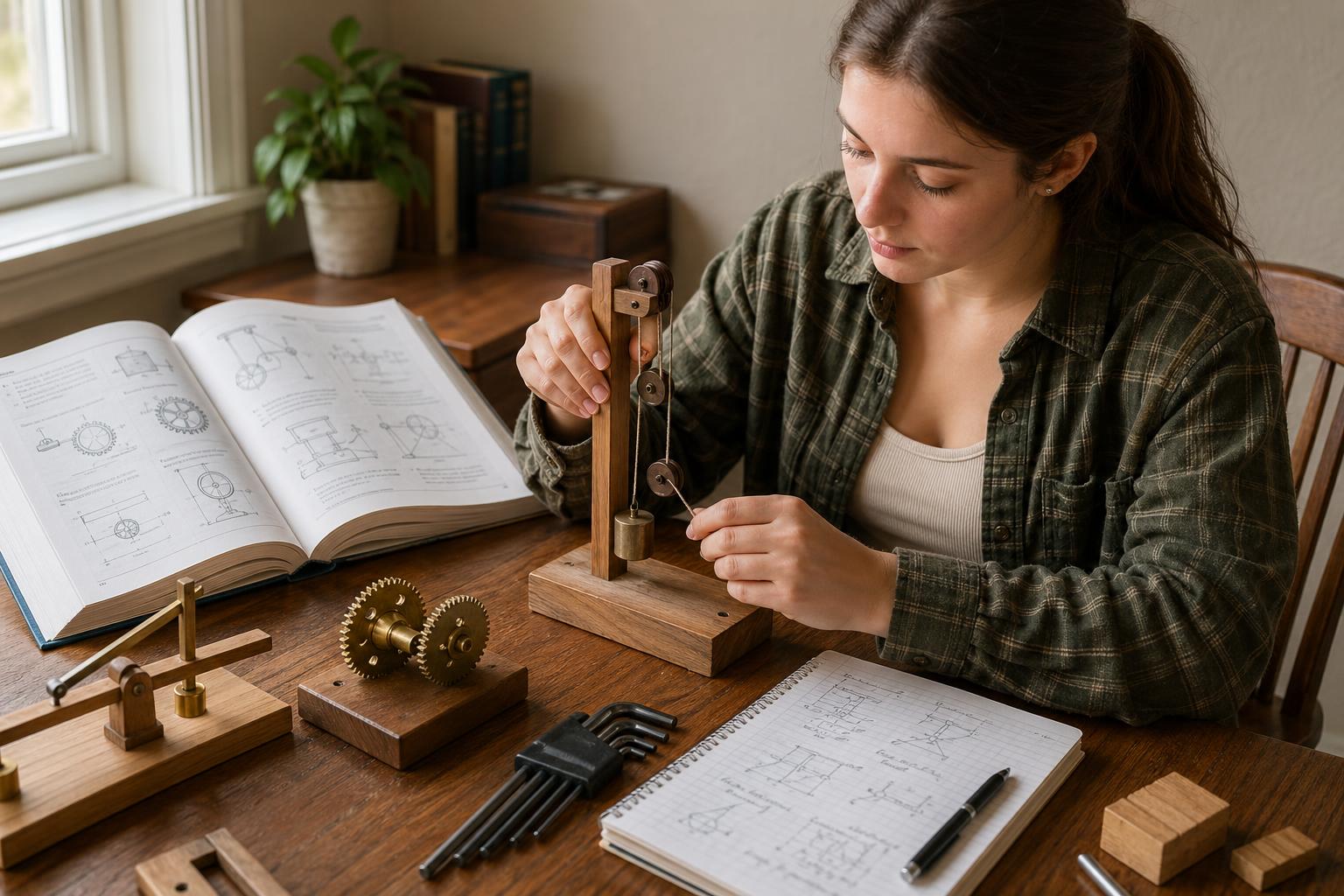 A future recruit working through ASVAB mechanical comprehension with a pulley demonstration, brass gears, lever-and-fulcrum model, and free-body diagrams in her notebook.
