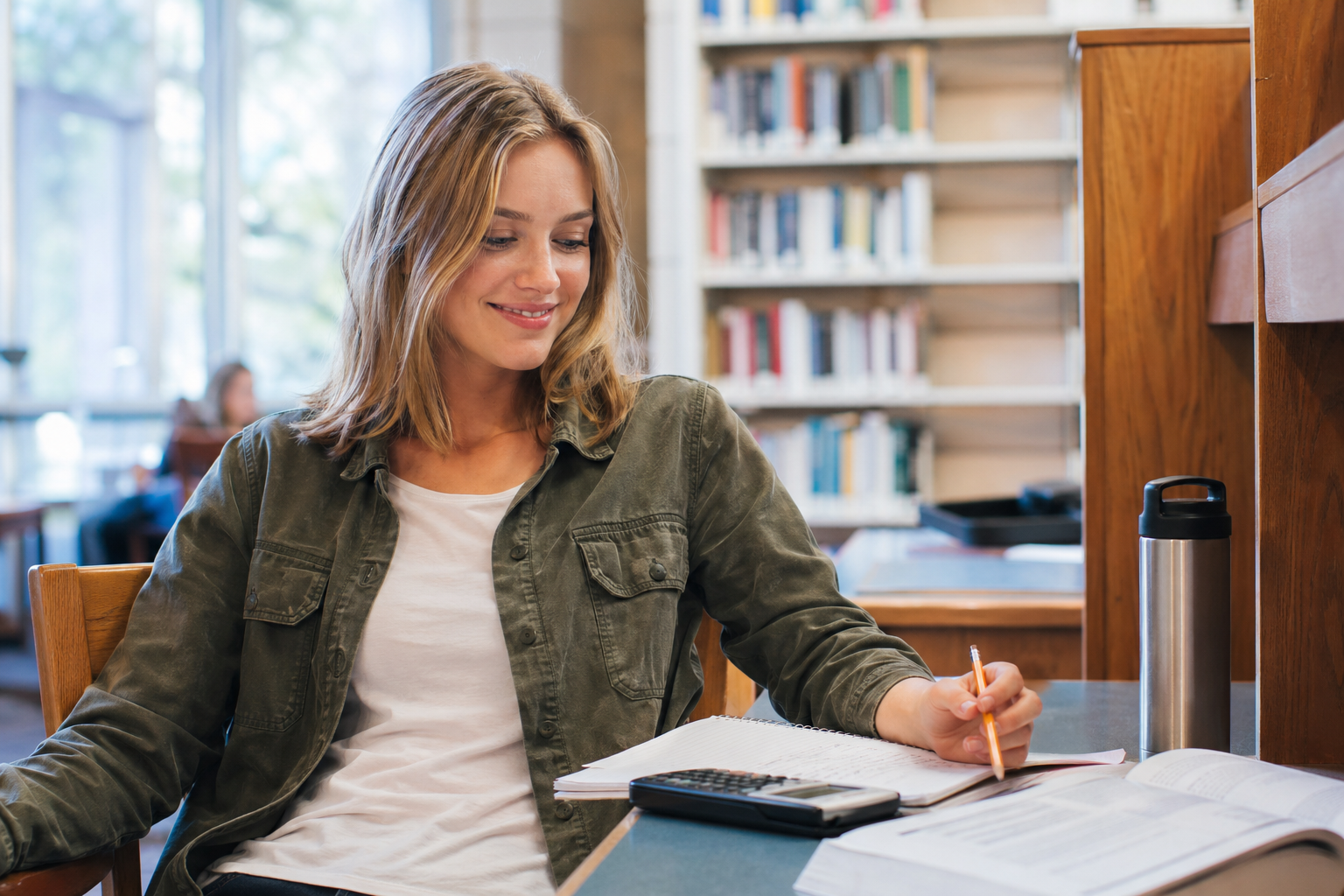 A future military recruit studying in a small library — the click-moment when a hard concept becomes clear.