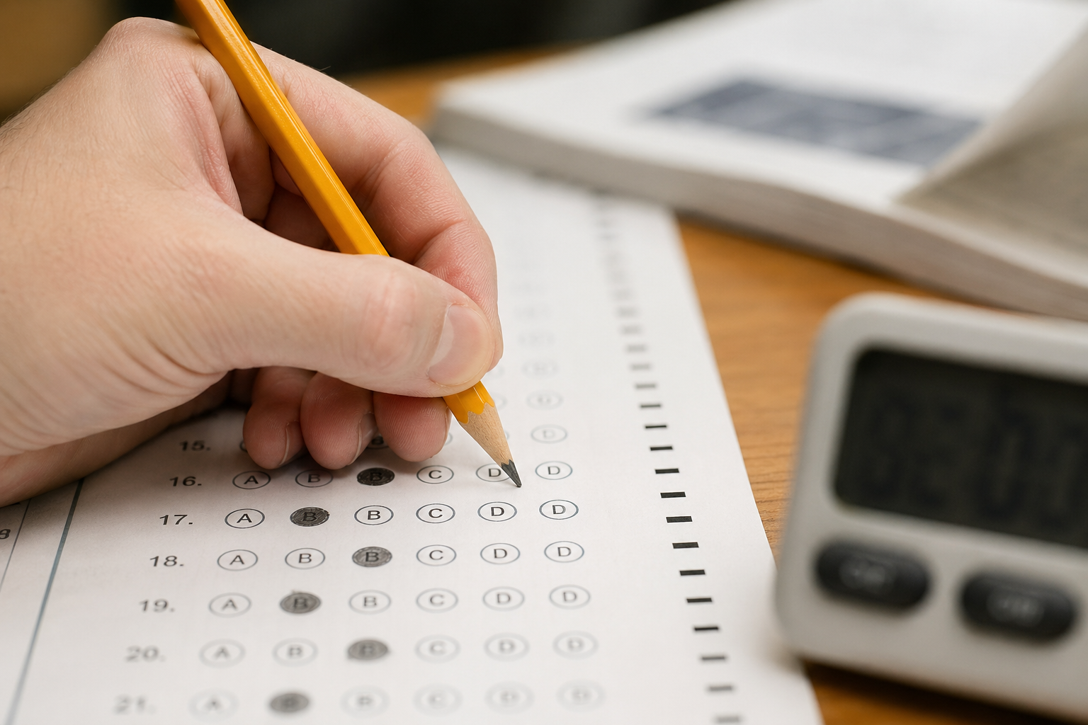 Close-up of a hand filling in a Scantron-style ASVAB answer sheet with a #2 pencil, timer ticking beside it.